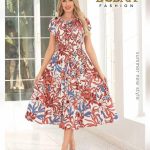 שמלת מידי מבית Lubna Fashion (קולקציית קיץ)   הדפס פרחוני בגווני כתום וכחול