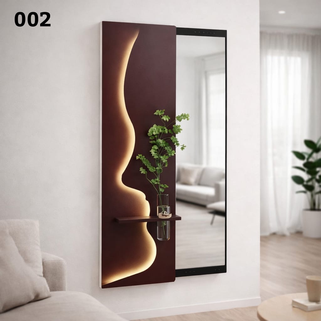 dd61852a-1111-4dd0-b02b-0dc4667b018e لوحة حائط LED عصرية مع مرآة منزلقة ومزهرية زجاجية - الصورة 1